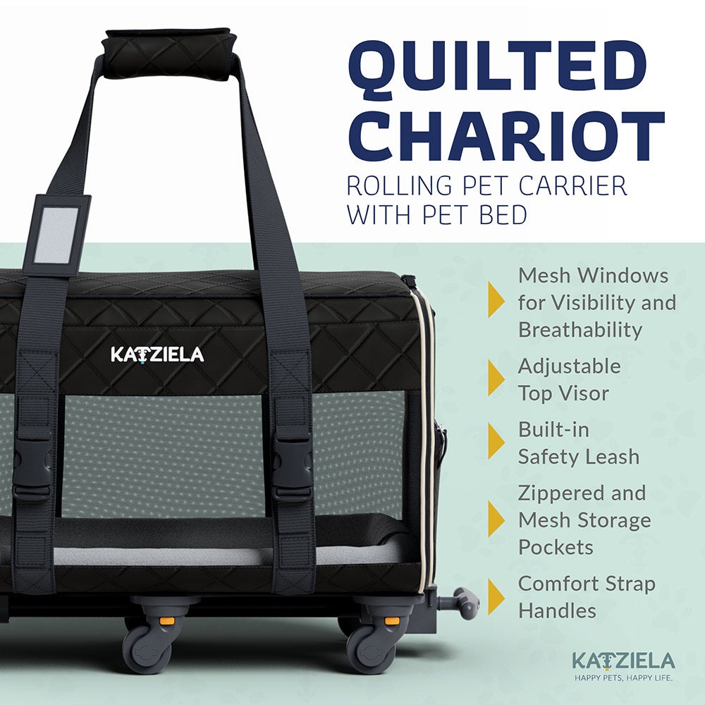 Katziela® Black Quilted Chariot Pet Carrier with Removable Wheels and Telescopic Handle