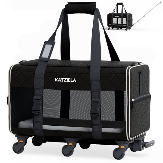 Katziela® Black Quilted Chariot Pet Carrier with Removable Wheels and Telescopic Handle