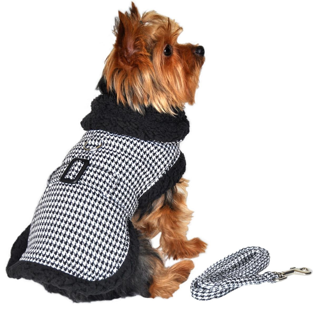 Sherpa Line Dog Harness Coat - Black and White Houndstooth with Matching Leash