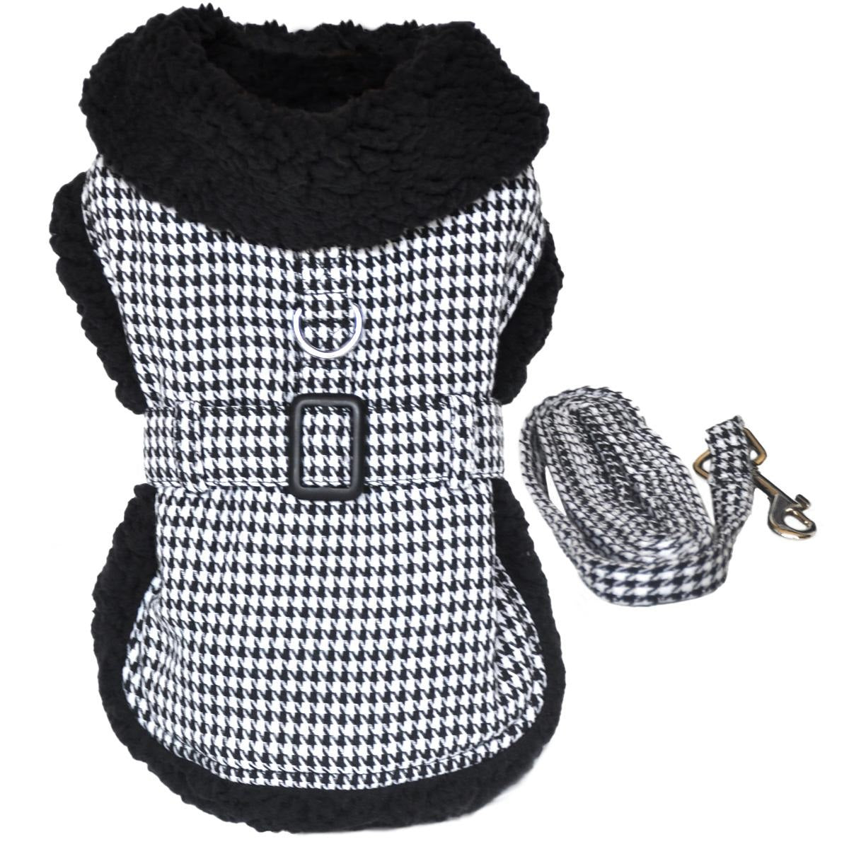 Sherpa Line Dog Harness Coat - Black and White Houndstooth with Matching Leash