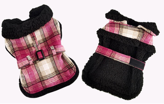 Sherpa Lined Dog Harness Coat - Hot Pink and Tan Plaid with Matching Leash