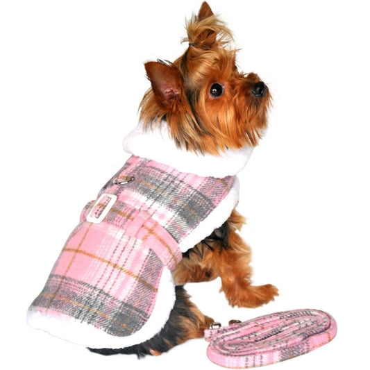 Sherpa Lined Dog Harness Coat - Pink and White Plaid with Matching Leash